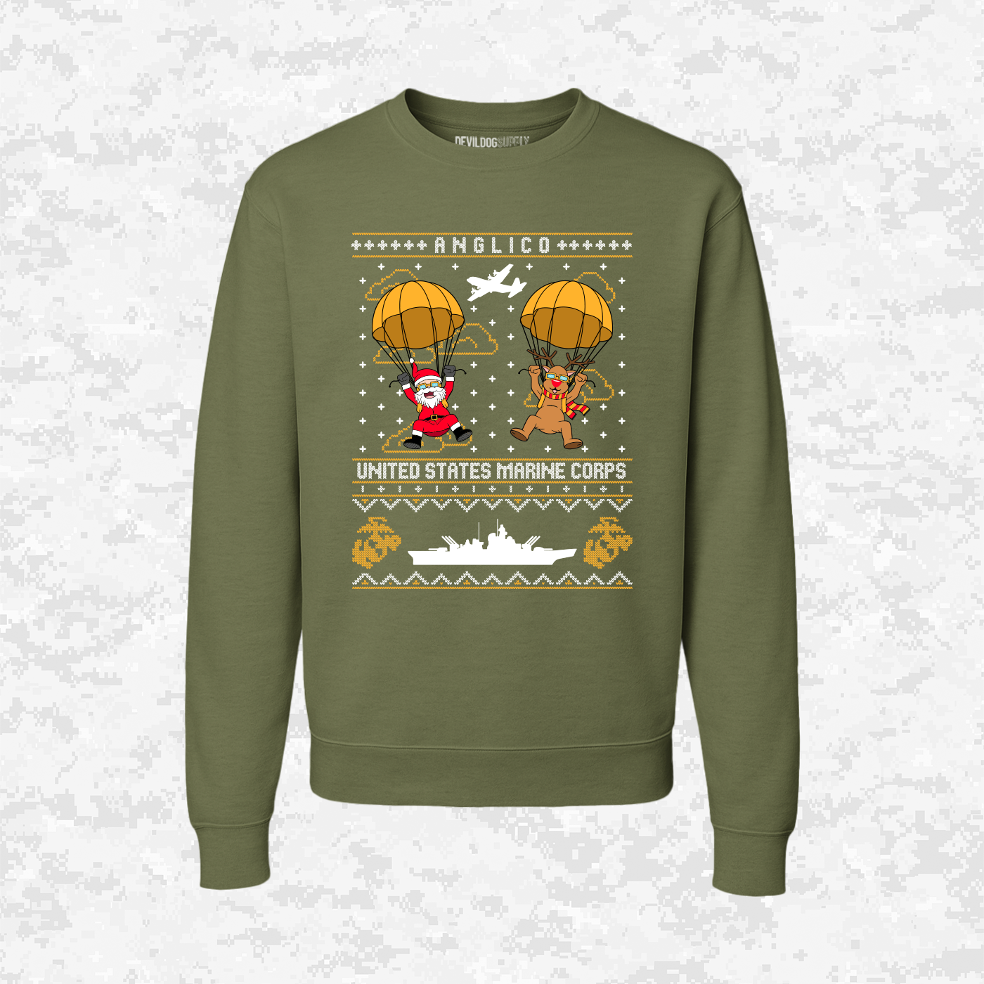 Santa’s Parachute Mission | ANGLICO x USMC Design | Ugly Christmas Sweaters