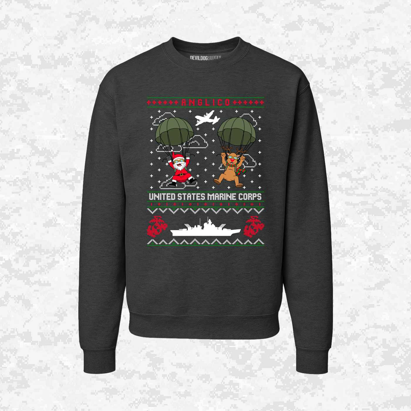 Santa’s Parachute Mission | ANGLICO x USMC Design | Ugly Christmas Sweaters
