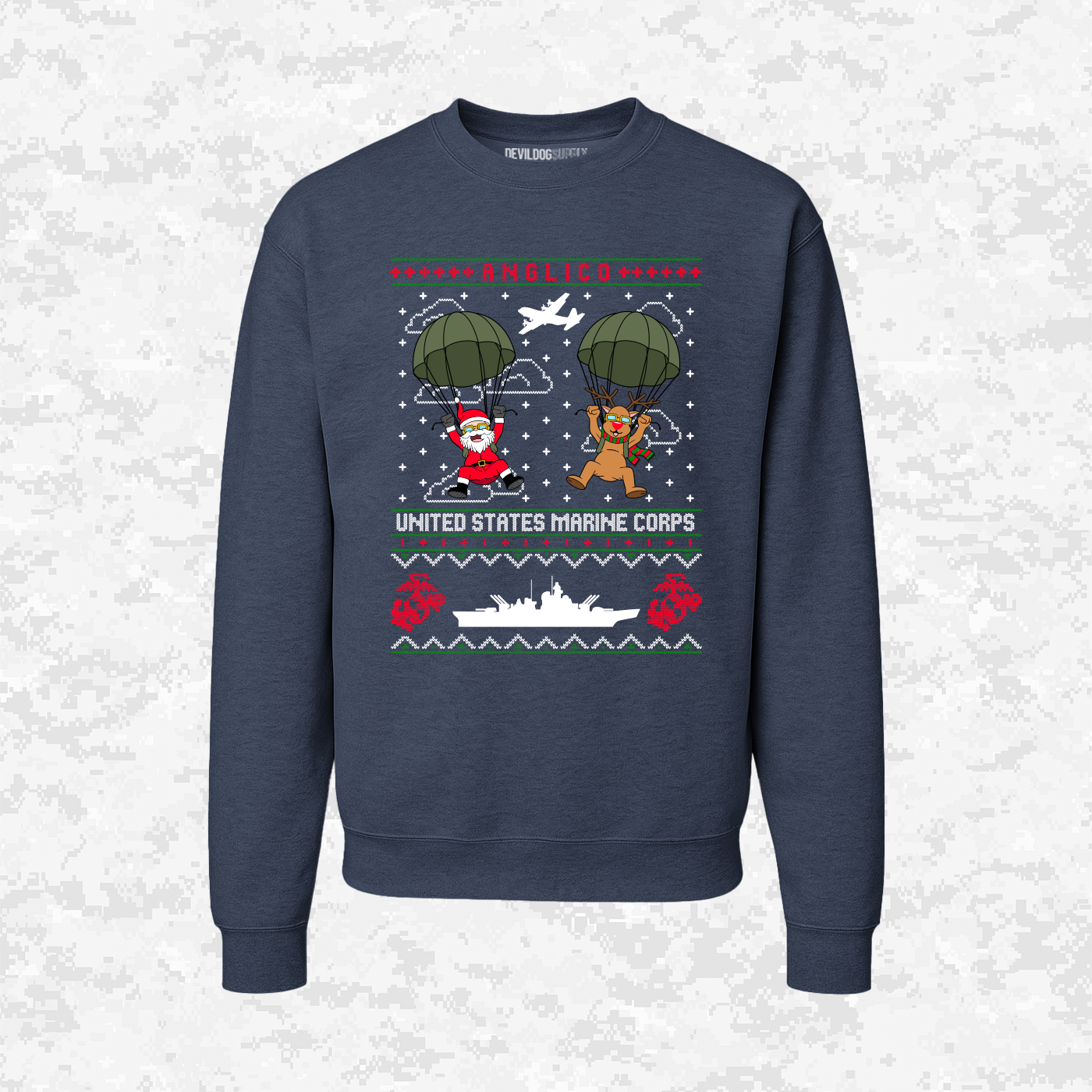 Santa’s Parachute Mission | ANGLICO x USMC Design | Ugly Christmas Sweaters