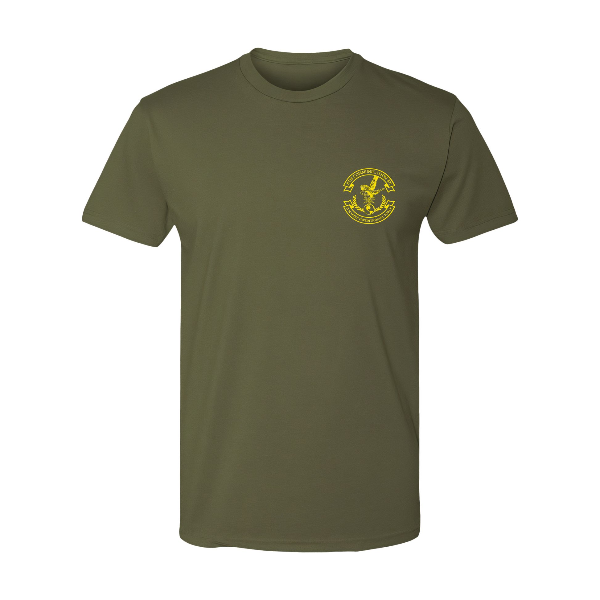 Green t-shirt with a yellow logo 